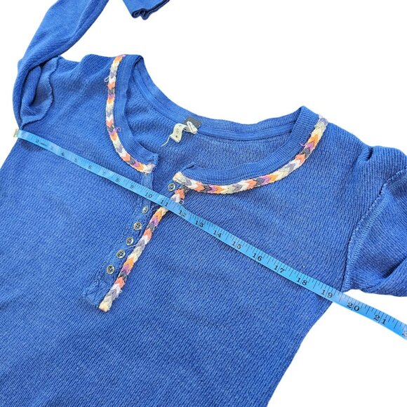 Free People Womens Blue Waffle Knit Henley Top With Embroidered Trim Size S - Picture 7 of 8
